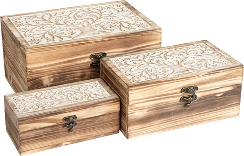 Vista 11 de 2 cajas de recuerdo de madera tallada con tapa con árbol de la vida, cajas de almacenamiento decorativas para decoración del hogar, caja