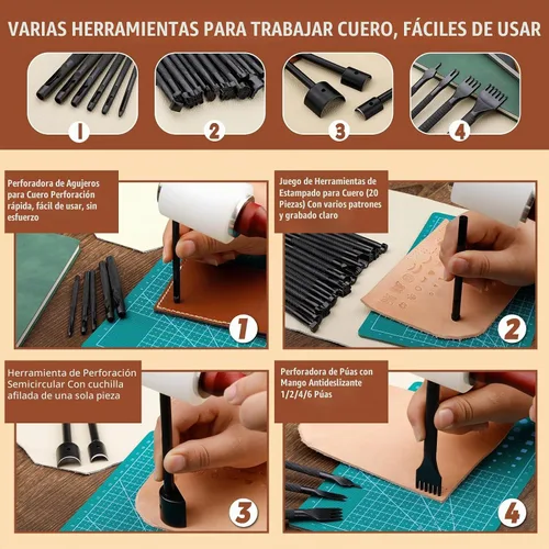 Vista 5 de Kit de herramientas de trabajo de cuero, kit de herramientas de cuero con caja de almacenamiento de doble capa, kit de costura resistente