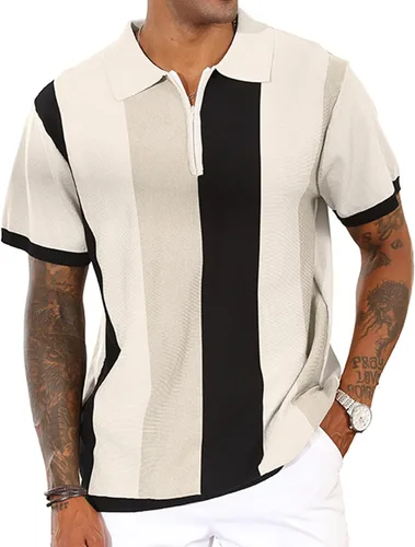 Vista 22 de Camisas polo de moda para hombre, camisas de punto vintage a rayas, camisas de golf casuales ajustadas