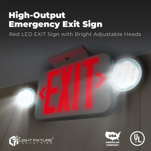 Vista 3 de LFI Lights® - Señal de salida roja combinada con luces de emergencia Carcasa blanca Todos los LED Dos cabezales redondos ajustables cableado