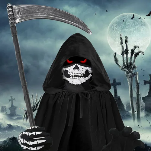 Vista 4 de Kids Grim Reaper Costume Cloak Boys Halloween Costumes Scary Velvet Hooded Cape with Skeleton Mask Gloves Scythe Props
