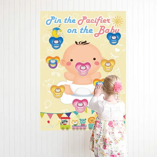 Vista 6 de Hxezoc Pin The Pacifier On The Baby Game - Póster grande para fiesta de baby shower, suministros de fiesta de cumpleaños para niños, 72 calcomanías