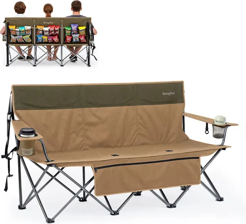 Vista 10 de SUNNYFEEL Silla Plegable Doble de Camping, Silla Loveseat Sobredimensionada, Silla de Césped Portátil/Plegable Resistente con Almacenamiento