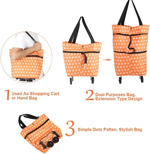 Vista 9 de Bolsa de compras, tela Oxford, bolsas de compras reutilizables con ruedas enrollables de doble propósito plegable para tienda (12-naranja)
