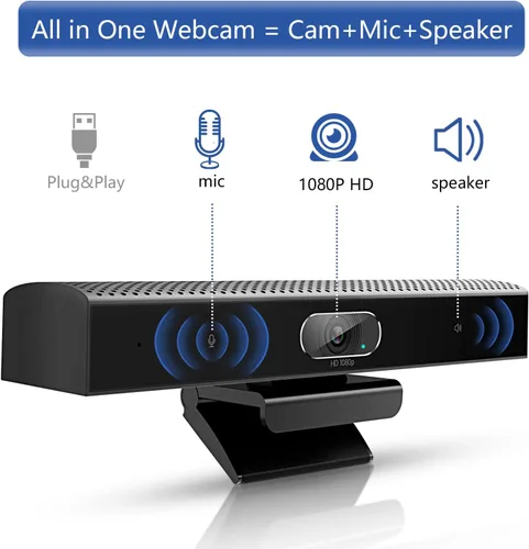 Vista 2 de Cámara de sala de conferencias, 3 en 1, cámara web Full HD de 1080p con micrófono y altavoz, USB Plug and Play, cámara de videoconferencia de gran