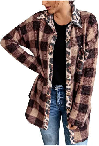 Vista 3 de Women Lightweight Spread Collar Plaid Wool Blend Lapel Midi Long Shacket Trench Jacket Coat Long Pocketed Shacket
