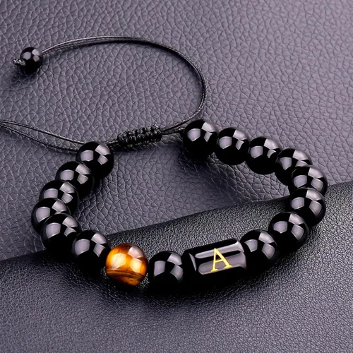 Vista 2 de SUMMER LOVE Regalos para el Día del Padre, pulsera con inicial de piedra de ónix negro de 0.394 pulgadas para hombres, pulsera de cuerda trenzada