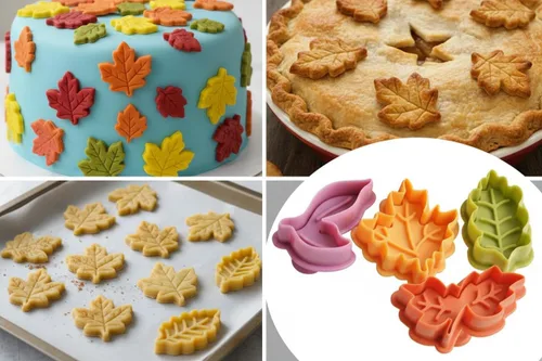 Vista 4 de 4 cortadores de galletas de hojas con sellos de émbolo, moldes de hojas de arce y roble veteado 3D para decoración de corteza de pastel, hornear