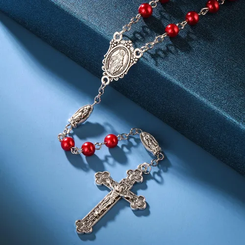 Vista 3 de Rnivida Collar de rosario de cuentas católicas con rosario de la Virgen María con crucifijo de Jesús, medalla de María milagrosa, rosario, regalos