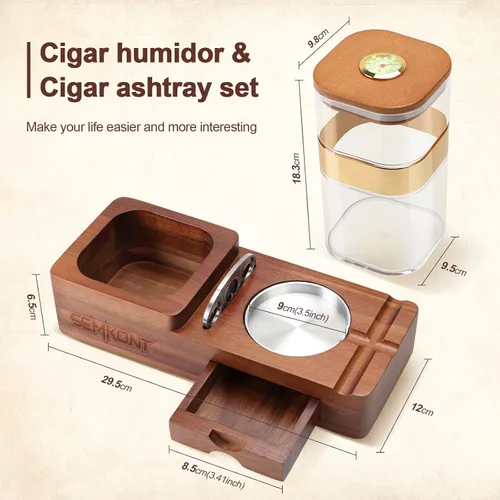 Vista 6 de Set de humidificador de puros y cenicero SEMKONT, bandeja de madera con frasco humidificador de acrílico, soporte para cortador, cajón, ranura