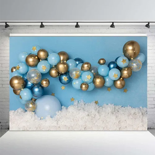 Vista 8 de MEHOFOND Fondo de fotografía de cumpleaños de niño de 7 x 5 pies para decoración de retratos, globos azules y dorados, globos azules y dorados