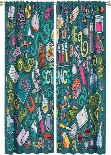 Vista 57 de Cortinas opacas para ventanas de ciencia para niños, lupa de libro de laboratorio de ciencia, lupa, frascos moleculares, cortinas impresas