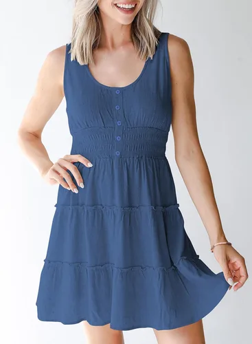 Vista 3 de Dokotoo Vestidos de verano para mujer, sin mangas, con botones, cintura elástica, volantes, escalonados, casual, con vuelo, mini vestido