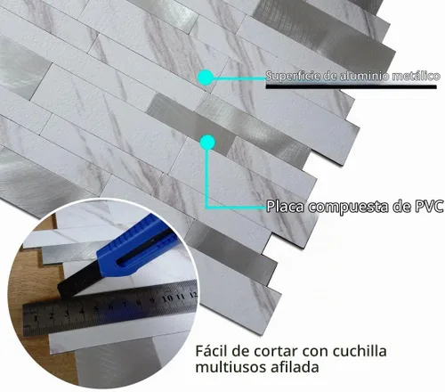 Vista 4 de XUANINY 10 hojas de azulejos metálicos despegar y pegar para protector contra salpicaduras, autoadhesivos de aluminio 3D, adhesivos de pared
