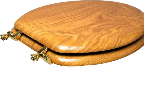 Vista 4 de 5Q1E4-17BR - Asiento de inodoro de madera natural con acabado decorativo, bisagra de poste único de madera y metal, alargado, roble claro con latón