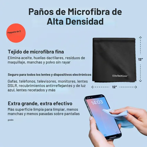 Vista 2 de Elite Tech Gear Kit de Cuidado Óptico, de Pantalla y Lentes - Aerosol de 3 Piezas (2x4oz+1oz) con 2 Paños de Microfibra - Solución para Anteojos Sin