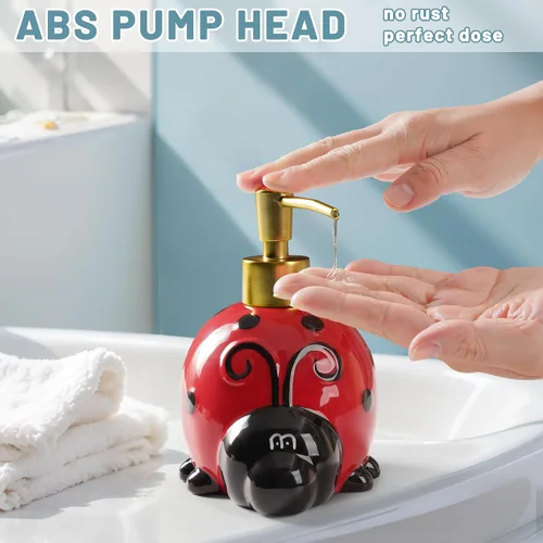 Vista 3 de RQYIXI Dispensador de jabón de cerámica de mariquita de 17 onzas con bomba de ABS, dispensador de jabón líquido recargable para loción, gel de baño