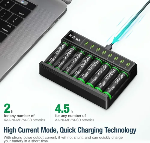 Vista 5 de HiQuick Cargador de batería inteligente de 8 bahías con 8 pilas AA + 16 pilas recargables AA