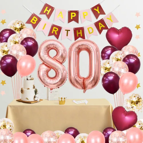 Vista 2 de Decoraciones de cumpleaños número 80 para niñas y mujeres, pancarta de papel rosa burdeos, banda para decoración de pastel, globos de látex, vidrio