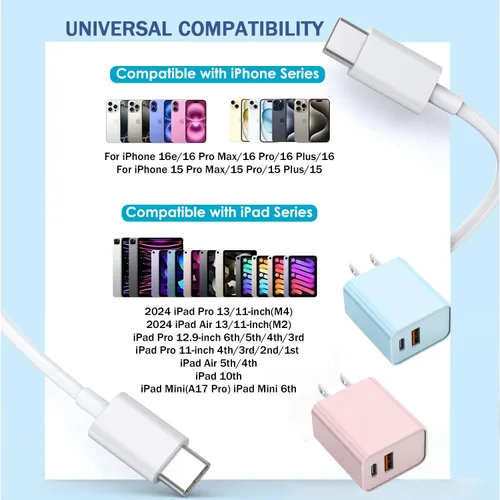 Vista 4 de Cable de carga rápida de 3 metros para iPhone 17/16e, paquete de 2 adaptadores Apple QC de 20 W con 2 puertos USB A+C y cable de carga rápida USB C