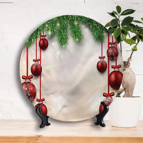 Vista 3 de Platos de cerámica, platos de cerámica decorativos de Navidad, cintas de bolas rojas, 8 pulgadas, platos decorativos para el hogar, multicolor