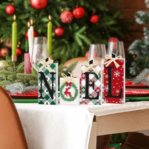 Vista 5 de Decoraciones navideñas de madera de Noel, 4 piezas de decoración rústica de mesa de Navidad, mesa independiente de Navidad, mesa de centro de mesa