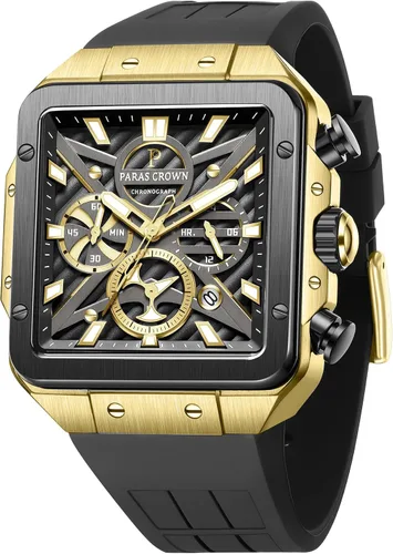 Vista 15 de Paras Crown Watches for Men Tonneau 5ATM Waterproof Quartz Luxury Chronograph Analog Men's Wrist Watches Stainless Steel Case Mens Watches Negro