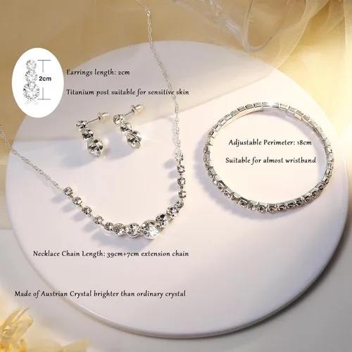Vista 5 de Jstyle Juego de joyas de plata para novia, collar de diamantes de imitación, pulsera y aretes colgantes para novia, dama de honor, lágrima, colgante