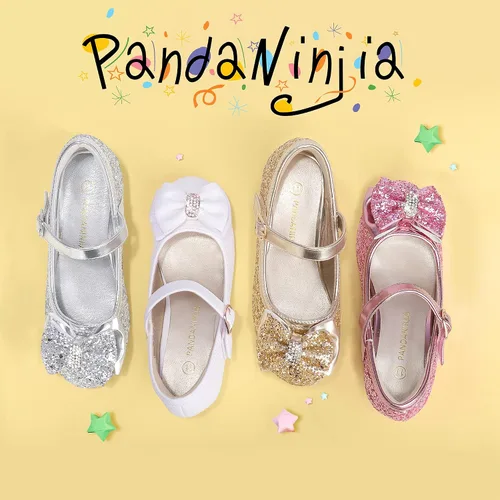 Vista 2 de PANDANINJIA Vestido de jada para niñas y niños pequeños, zapatos de princesa Mary Jane con tacones con lazo para fiesta, boda, boda