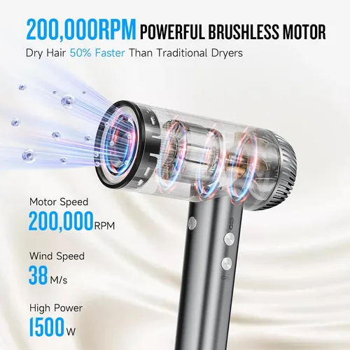 Vista 2 de Secador de pelo 2026, secador profesional de alta velocidad de 200,000 RPM con difusor para mujeres, secador de pelo iónico negativo de 3,937.0 ft