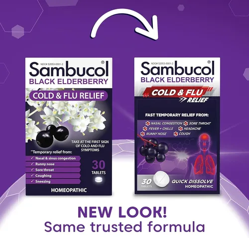 Vista 2 de Sambucol Tabletas para aliviar el resfriado y la gripe, medicina homeopática para el resfriado, remedio para adultos, saúco negro para resfriados