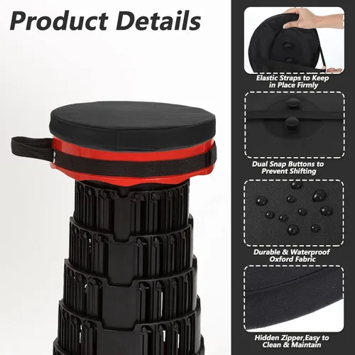 Vista 3 de Paquete de 2 cojines plegables de espuma viscoelástica gruesa para taburetes telescópicos, Oxford impermeable con correas elásticas, portátil