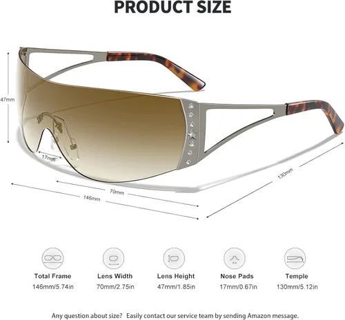 Vista 4 de Gafas de sol Y2K envolventes sin montura para mujeres y hombres, diseño de escudo futurista sin marco, protección UV