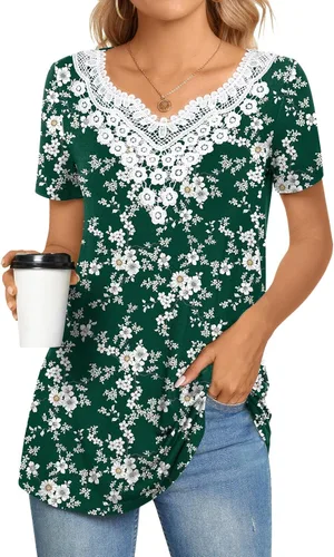 Vista 2 de CATHY Blusa de verano para mujer, manga corta, cuello en V, encaje de ganchillo, informal, plisada