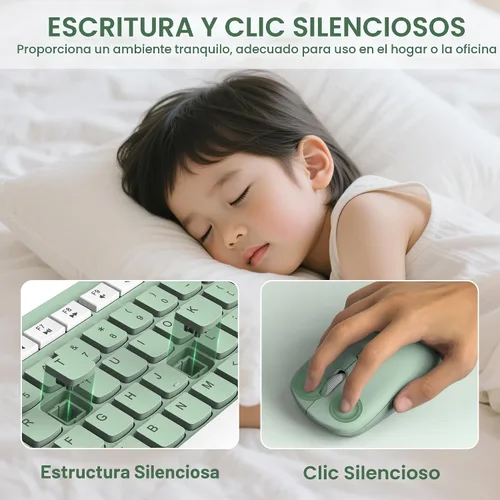 Vista 3 de Combo de teclado y mouse inalámbricos silencioso para oficina y hogar (verde aguacate) 2.4G Full Size Silent Cordless Keyboard with Tilt