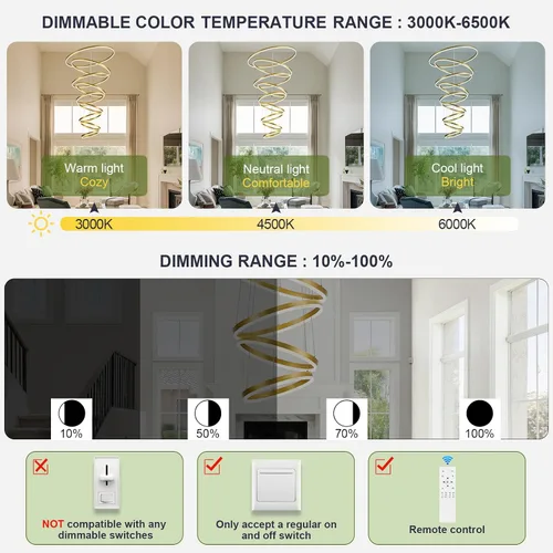 Vista 16 de Benkut Lámpara de Araña de Anillo LED Moderna Negra para Comedor, Lámpara de Araña de Techo Circular Empotrada Regulable con Control Remoto