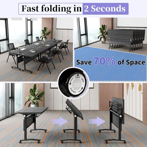 Vista 5 de Mesa de conferencias plegable con ruedas, mesa modular para sala de conferencias con 2 ojales para cables, mesas móviles de sala de reuniones