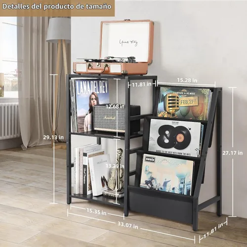Vista 5 de Bikoney Soporte para Tocadiscos, Soporte para Tocadiscos con Almacenamiento de Discos de Vinilo de 3 Niveles, Mesa para Tocadiscos de Hasta 200