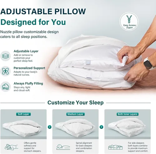 Vista 2 de Nuzzle - Almohada de enfriamiento ajustable para dormir de lado, almohada de cama de tamaño estándar de lujo colección hotel - Mejor almohada