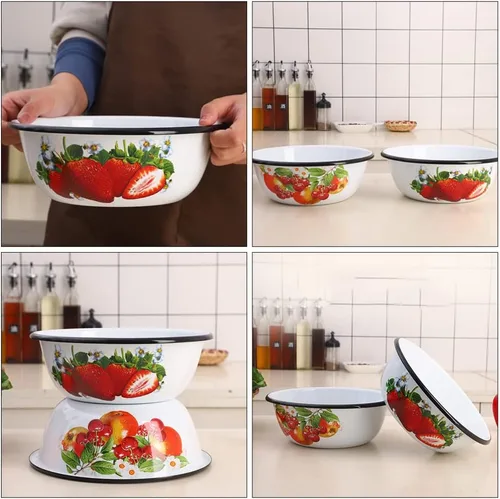 Vista 5 de LUOZZY Cuenca esmaltada Cocina Restaurante Tazón de sopa Cuenco Vintage Ensalada Enamelware (25CM, Fresa)