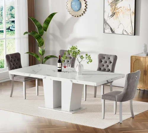 Vista 43 de Juego de mesa de comedor extensible de 63 a 79 pulgadas para 4, moderna mesa de cocina expandible con 4 sillas de terciopelo, mesa de madera gruesa