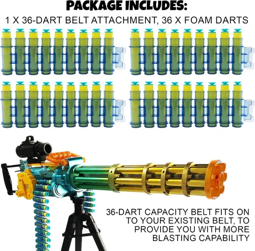 Vista 8 de Recarga de balas de espuma ArtCreativity para pistola de juguete electrónica Gatling, 36 dardos con accesorio de cinturón de balas, recarga