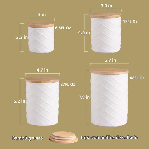 Vista 5 de Sweejar Juego de recipientes de cerámica para encimera de cocina, tarro de almacenamiento de alimentos en relieve con tapa de bambú, recipiente
