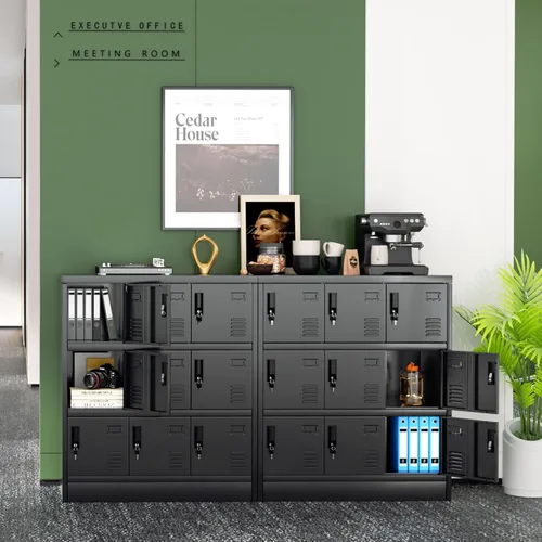 Vista 7 de Greenvelly Gabinete de almacenamiento de 9 puertas para empleados, casillero de metal para oficina, gimnasio, escuela, casillero de acero negro