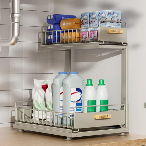 Vista 18 de Organizador bajo el fregadero, Organizador de 2 niveles alto y ajustable bajo el fregadero de la cocina, estante de almacenamiento multiuso