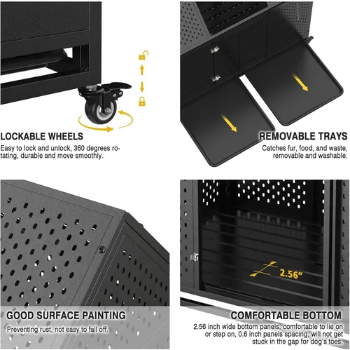 Vista 5 de Jaula para perros indestructible de 44 pulgadas con ruedas, jaula de acero a prueba de escapes para interiores, doble puerta, alta ansiedad