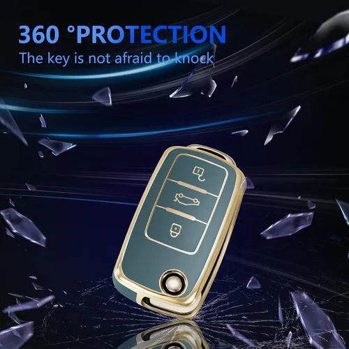 Vista 5 de YHC Funda para llave de coche VW Volkswagen con llavero dorado compatible con Jetta Beetle Tiguan Passat Golf