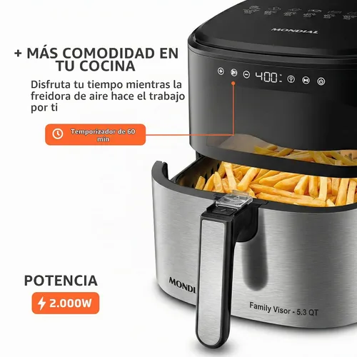 Vista 7 de Mondial Air Fryer Digital 5.3 litros (5.3QT) - Freidora eléctrica con pantalla y acabado de acero inoxidable - 1800W - Negro