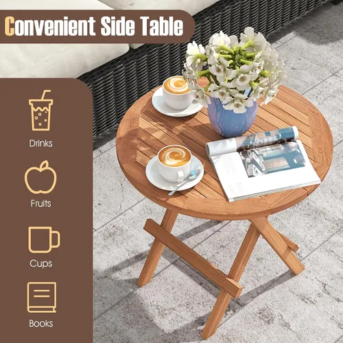 Vista 4 de RELAX4LIFE Mesa auxiliar plegable para exteriores – Mesa auxiliar de madera de teca, mesa redonda de café bistró con mesa de listones, mesa