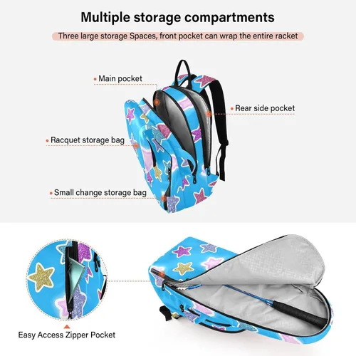 Vista 5 de Mochila de tenis para mujeres y hombres, transpirable, con purpurina falsa, con diseño de estrella de dibujos animados, bolsa de tenis azul